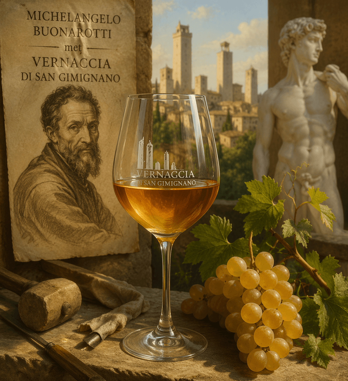 Michelangelo met glas Vernaccia di San Gimignano oranje- ai