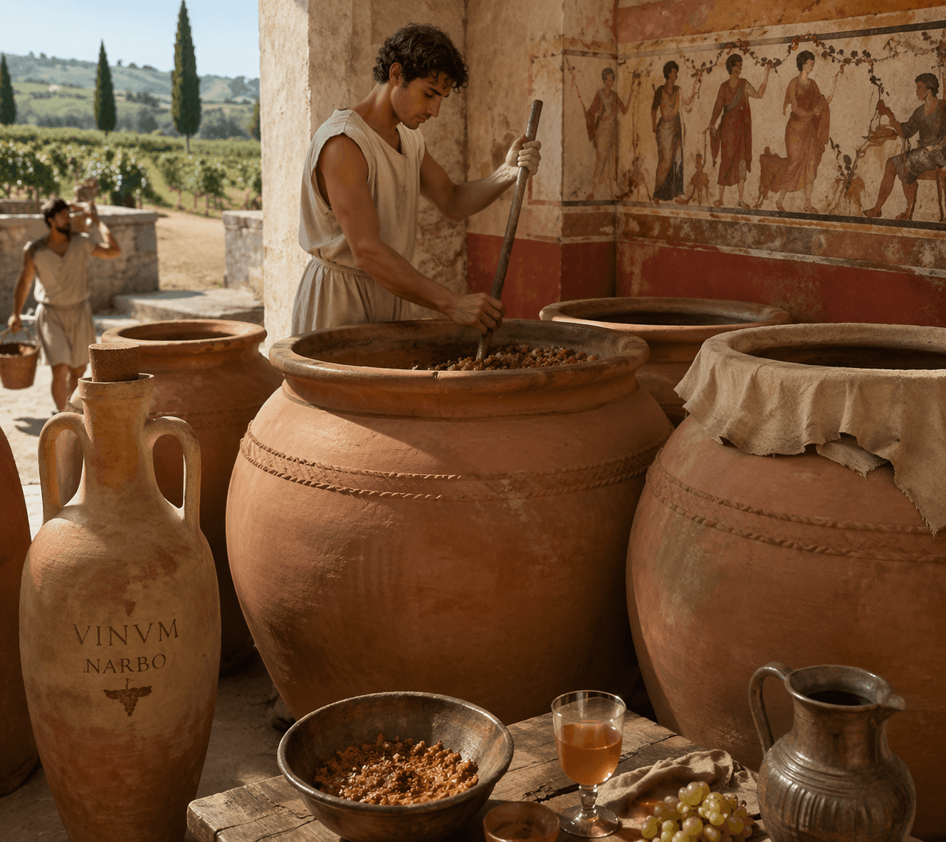 Romeinse tijd open terracotta Dolia met witte druiven - ai