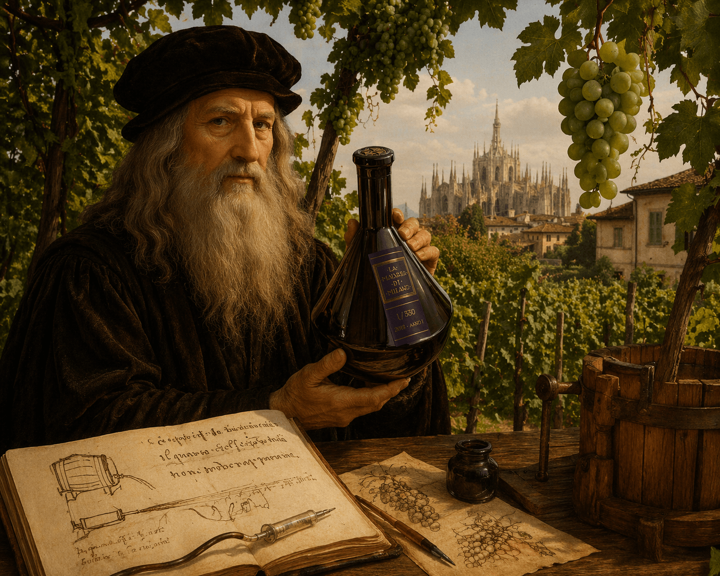 Leonardo da Vinci in zijn wijngaard met karaf te Milano